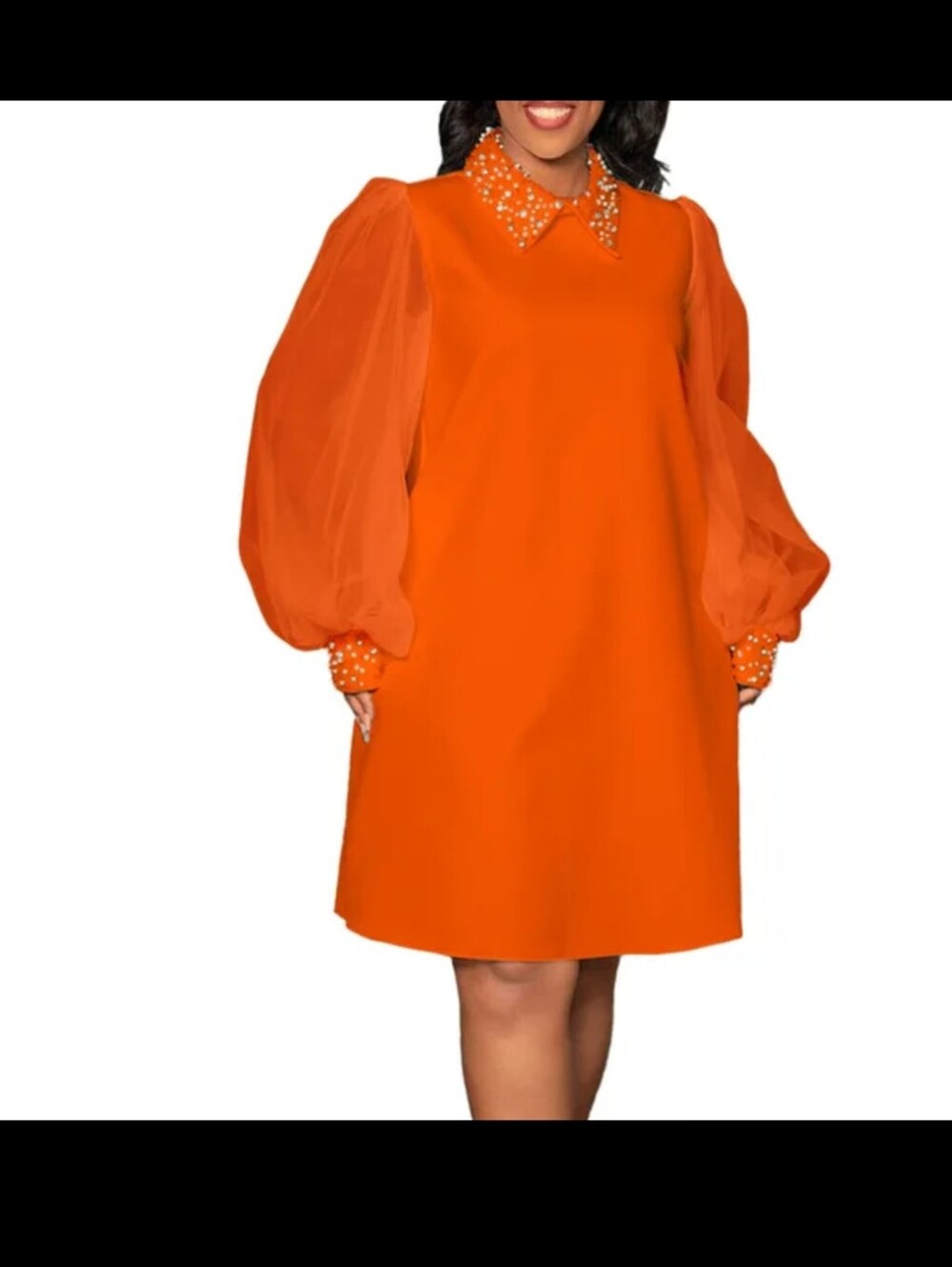 Embellished Collar Orange Balloon-Sleeve Dress